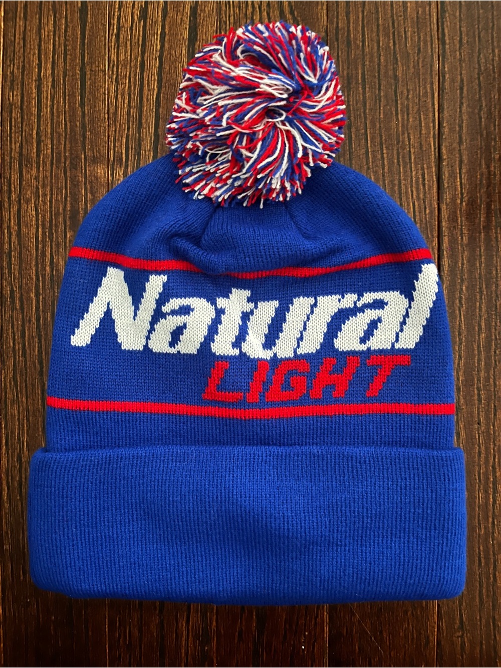 Natural Light Knit Pom Beanie Hat - Blue/Red/White